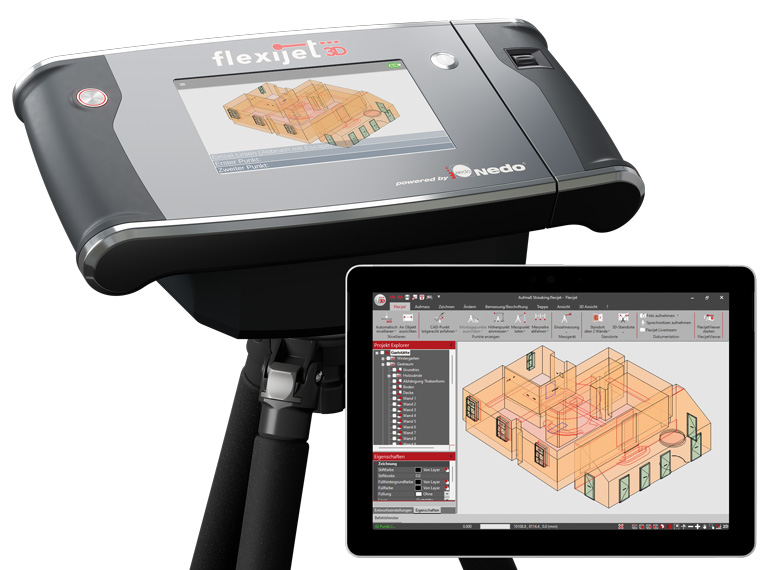 Flexijet 3D-Laseraufmaßsystem Schluss mit zeitaufwendigem Aufmaß: Flexijet 3D erfasst komplexe Raumgeometrien selektiv und liefert sofort verwertbare 3D-Modelle für die CAD-Planung.